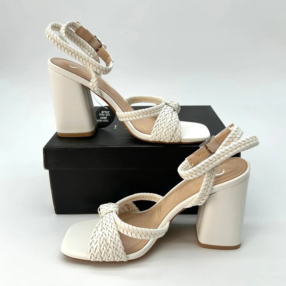 Windsor Chic Steps Womens Block Heels Sz. 6 White Braided Ankle Wrap Elegant NEW